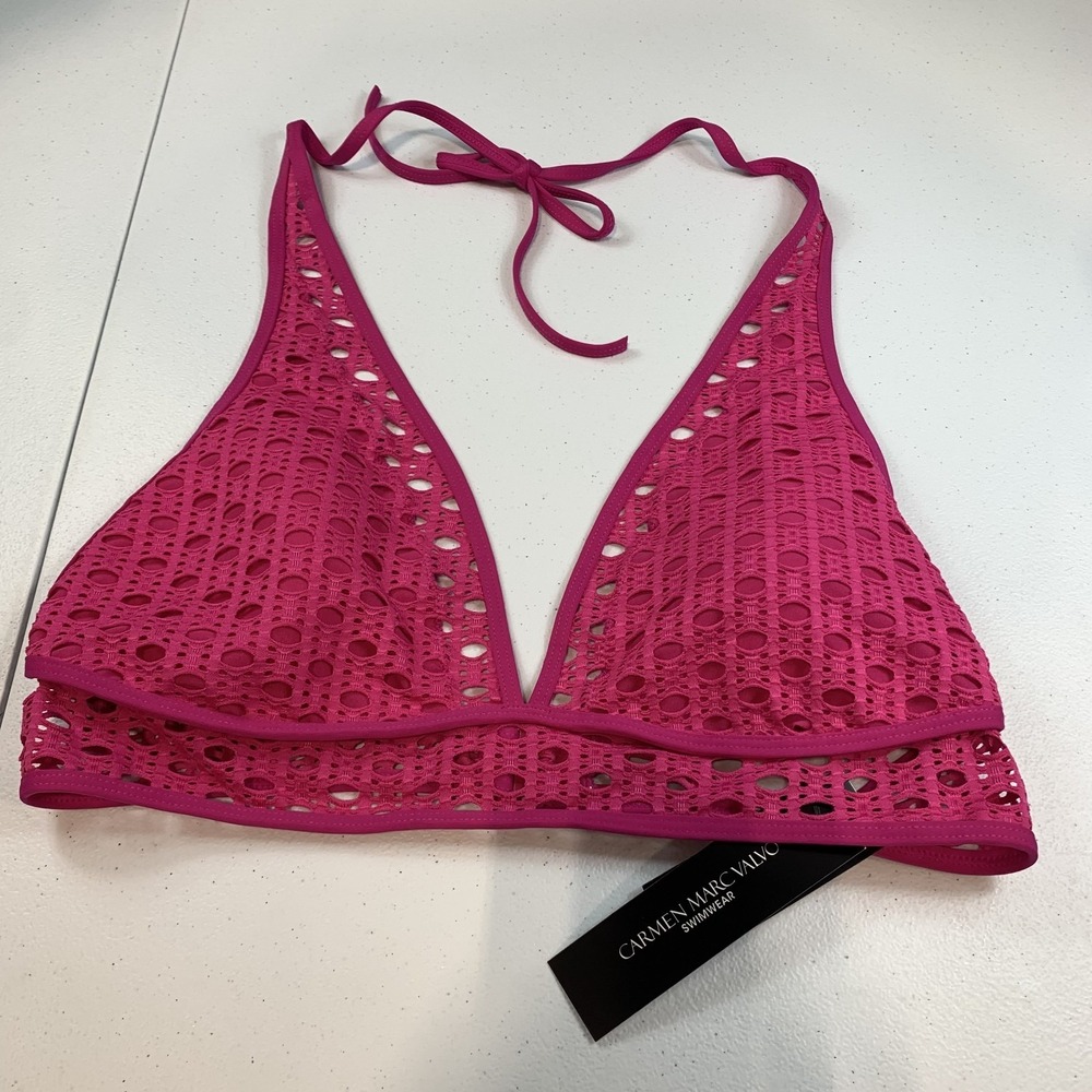 Carmen Marc Valvo Women's Bikini Top Swim Halter L Swim Laser Cutouts Ultra Pink